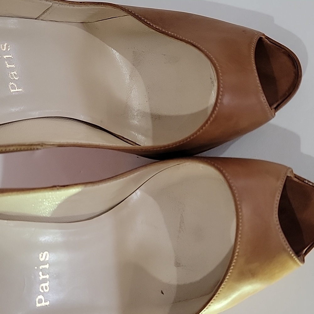 Christian Louboutin Leather red bottoms D'Orsay tan peep toe pumps 39.5 - Picture 10 of 13